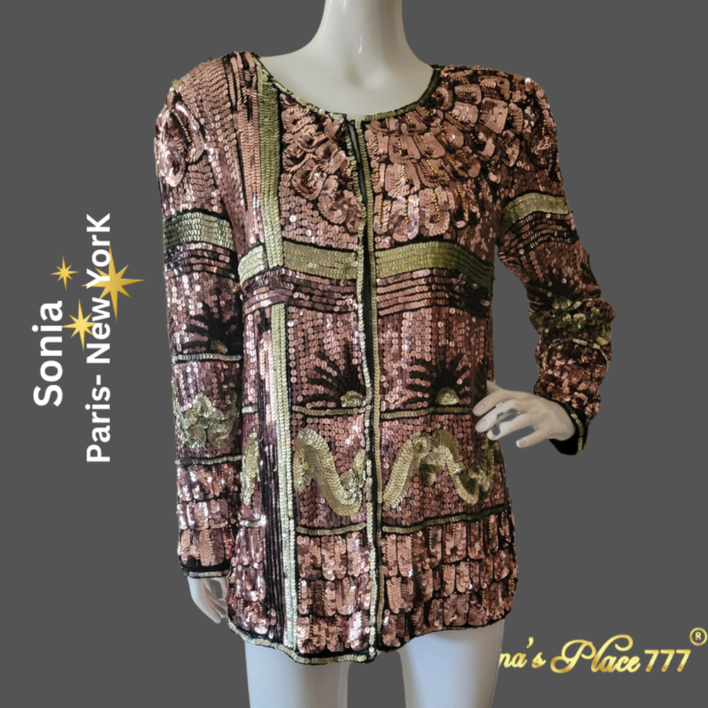 Women's Vintage 100% Pure Silk Elegant Sequence Long Sleeve Jacket Size L